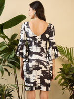 Bell Sleeve printed mini Dress in Black & White Abstract Brush Strokes Print
