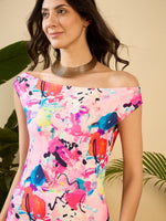 Off shoulder front slit midi Dress in Multi Color Abstract brush Strokes Print
