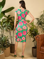 Front twist crop top with pencil skirt in Green & Pink Flower Print