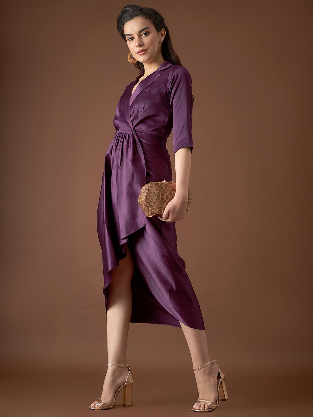 Shirt Dress with front Drape in Purple Color