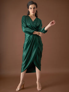 Overlap neck Tulip midi Dress in Green Color