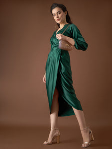 Overlap neck Tulip midi Dress in Green Color