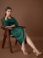 Overlap neck Tulip midi Dress in Green Color