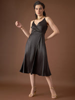 Overlap neck Flared midi Dress in Black Color