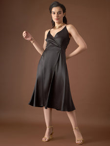 Overlap neck Flared midi Dress in Black Color