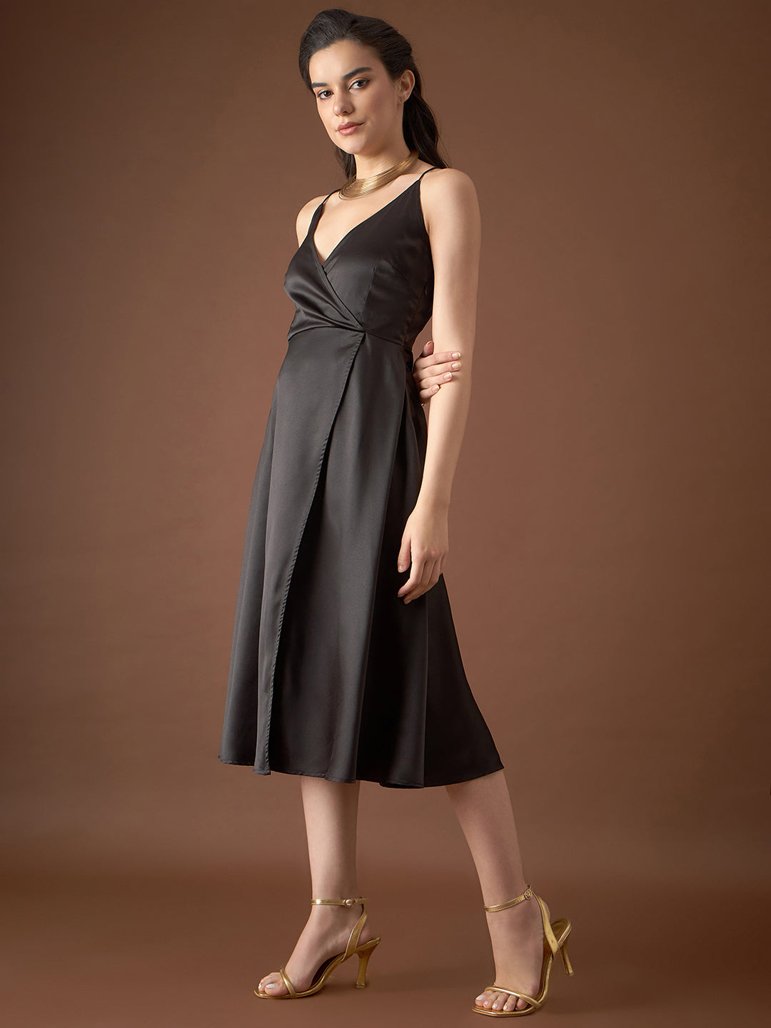 Overlap neck Flared midi Dress in Black Color