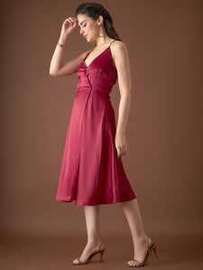 Overlap neck Flared midi Dress in Maroon Color