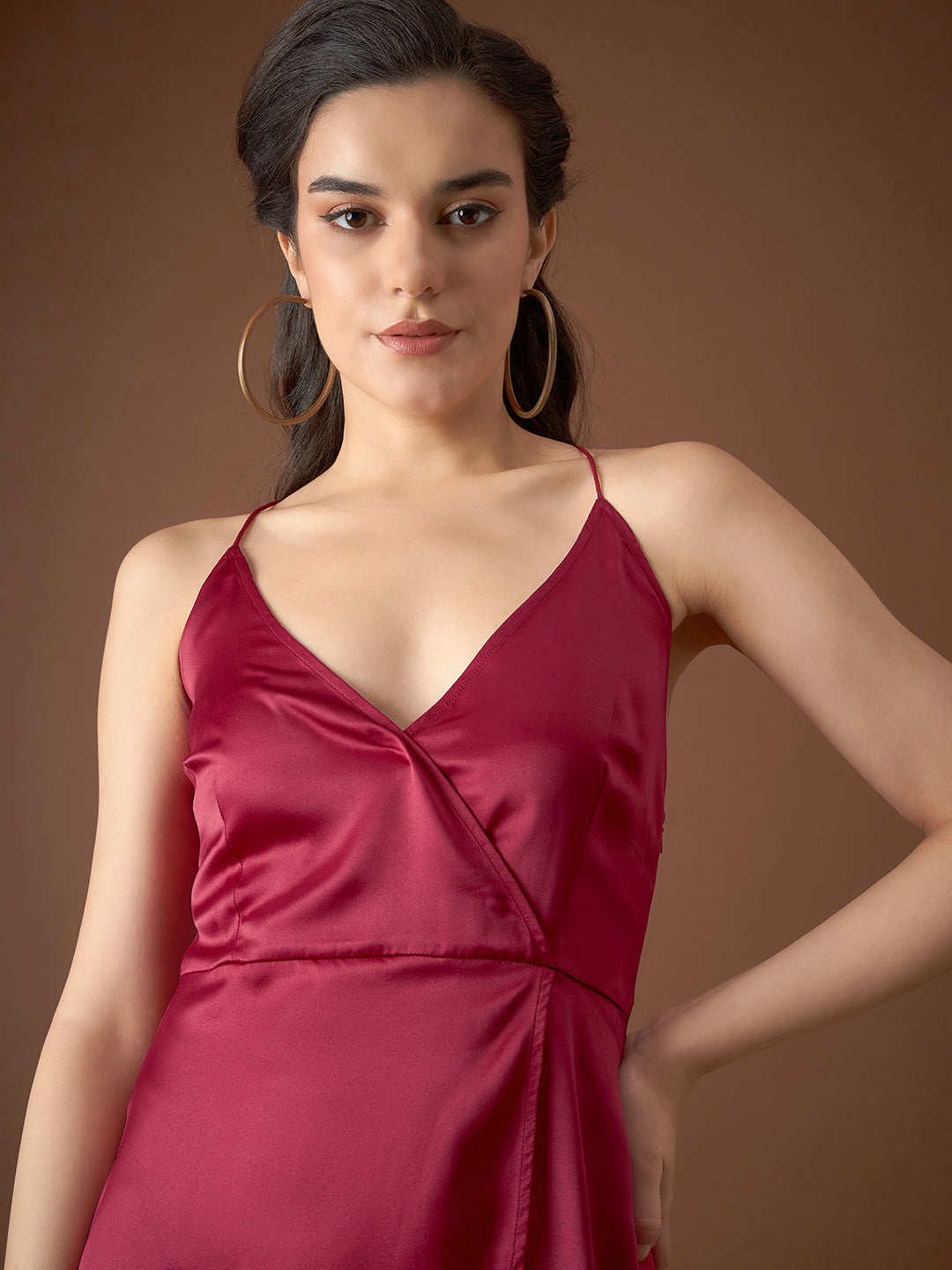 Overlap neck Flared midi Dress in Maroon Color