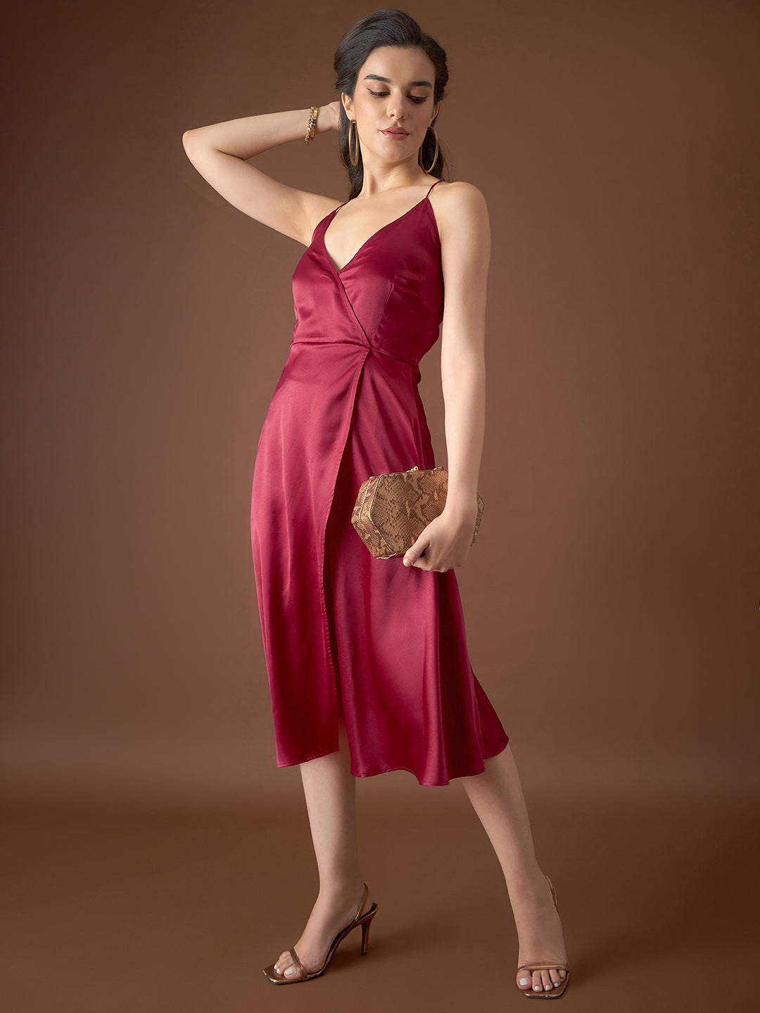 Overlap neck Flared midi Dress in Maroon Color