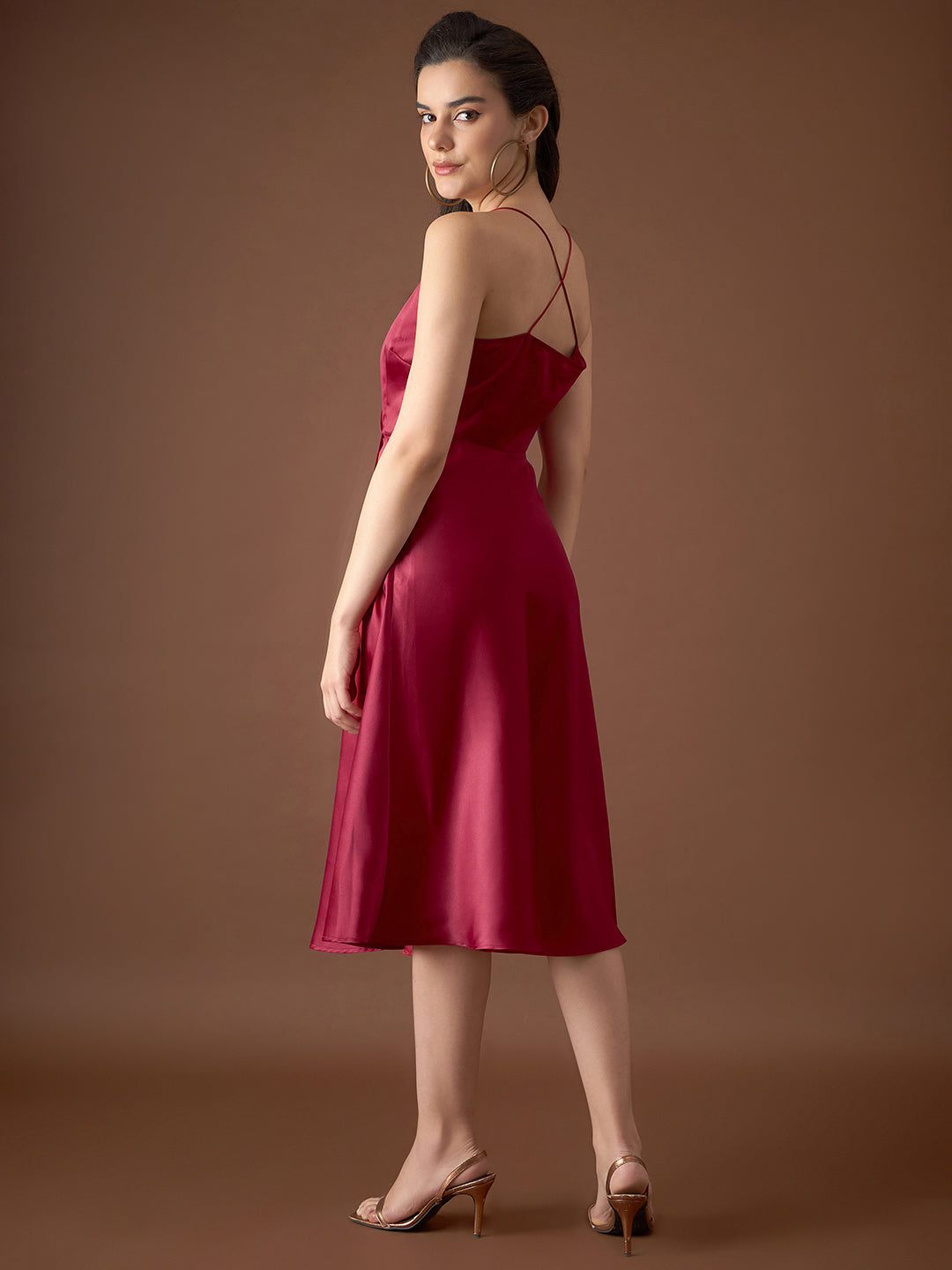 Overlap neck Flared midi Dress in Maroon Color