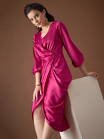 Overlap neck Tulip midi Dress in Pink Color