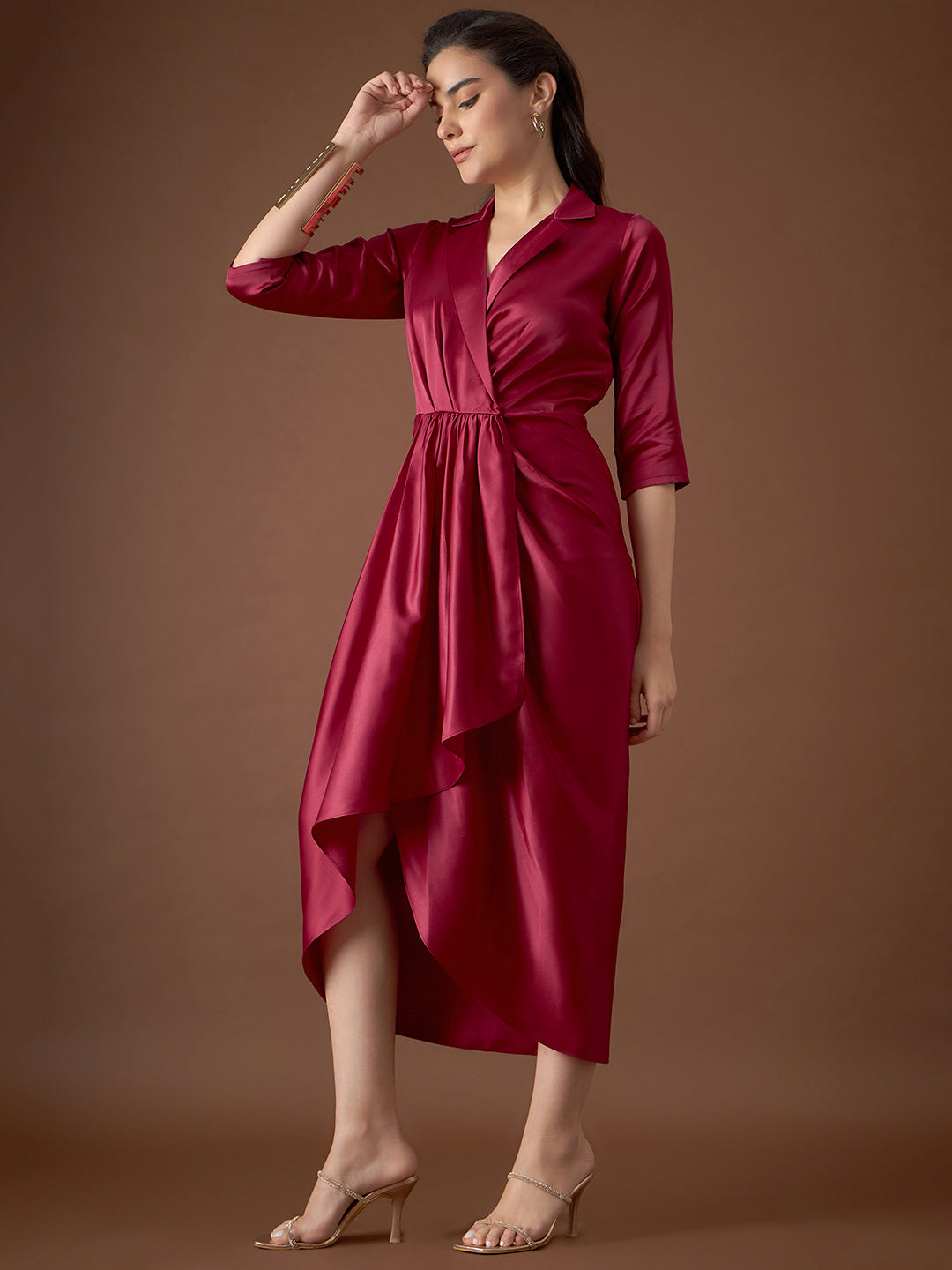 Shirt Dress with front Drape in Maroon Color