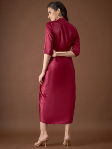 Shirt Dress with front Drape in Maroon Color