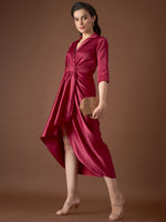 Shirt Dress with front Drape in Maroon Color