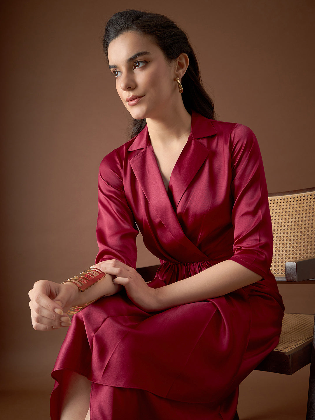 Shirt Dress with front Drape in Maroon Color