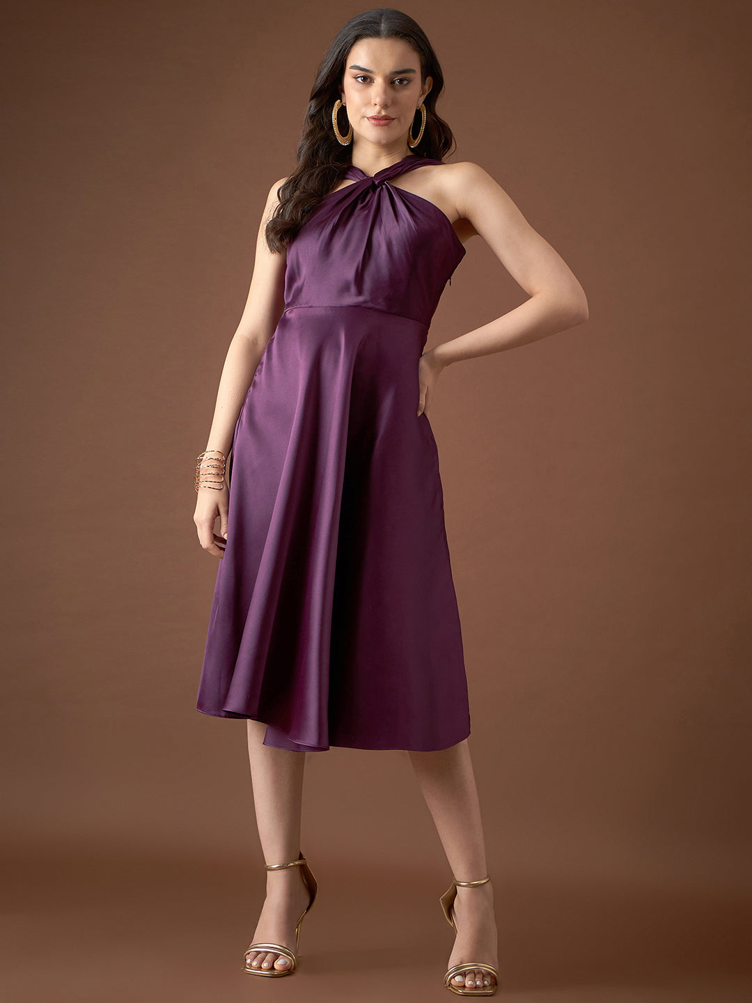 Draped neck midi dress in Purple Color