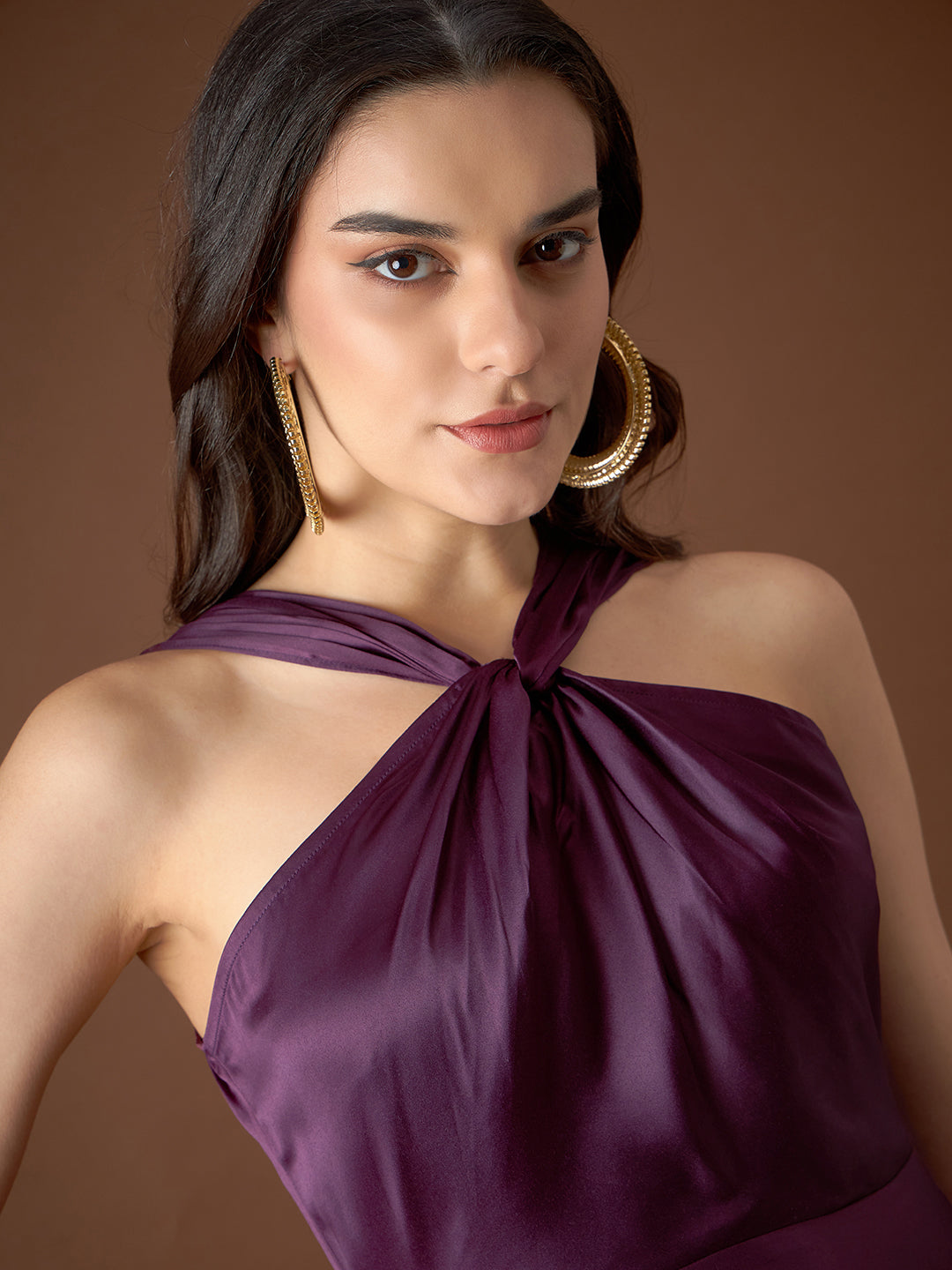 Draped neck midi dress in Purple Color