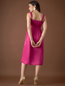 Corset Yoke Midi Dress in Pink Color