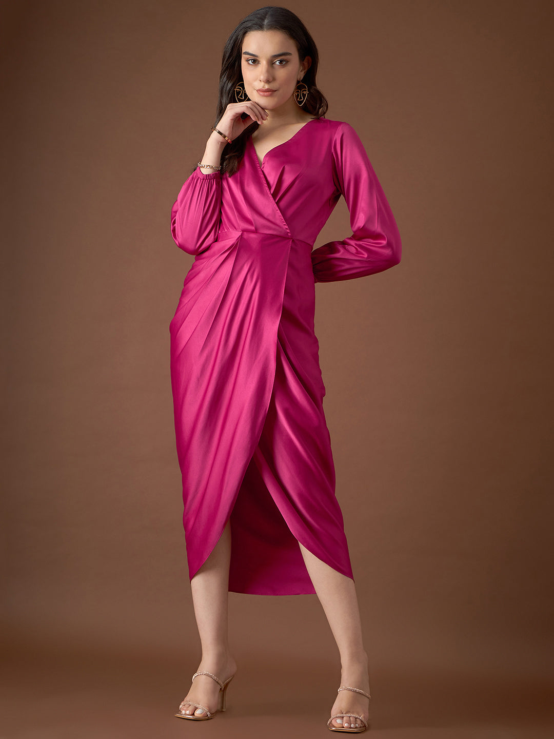 Overlap neck Tulip midi Dress in Pink Color