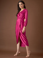 Overlap neck Tulip midi Dress in Pink Color