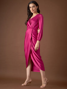 Overlap neck Tulip midi Dress in Pink Color