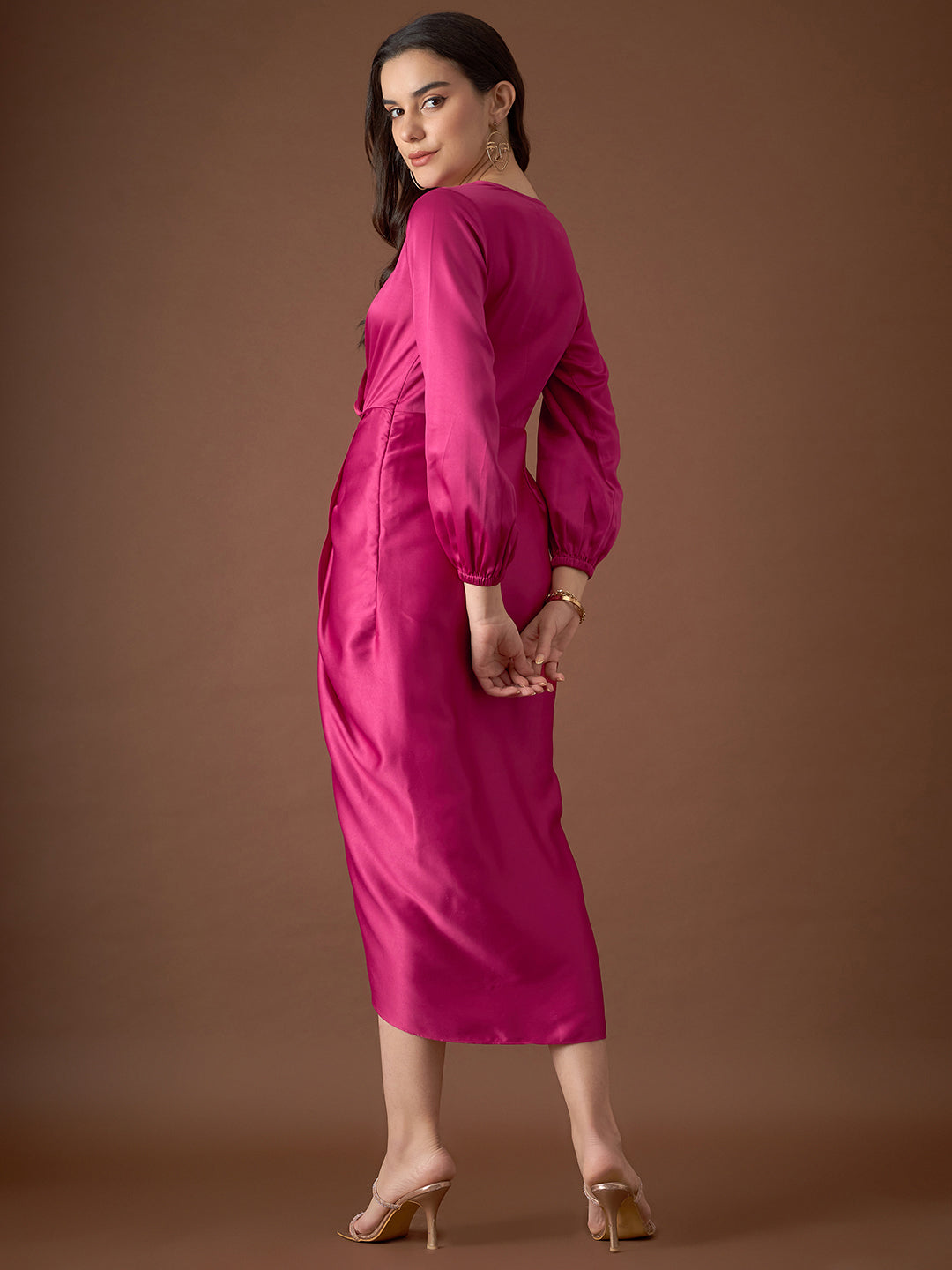 Overlap neck Tulip midi Dress in Pink Color