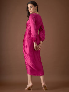 Overlap neck Tulip midi Dress in Pink Color