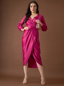 Overlap neck Tulip midi Dress in Pink Color