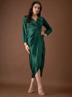 Overlap neck Tulip midi Dress in Green Color