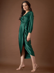 Overlap neck Tulip midi Dress in Green Color