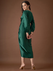 Overlap neck Tulip midi Dress in Green Color