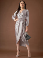 Overlap neck Tulip midi Dress in Silver Color