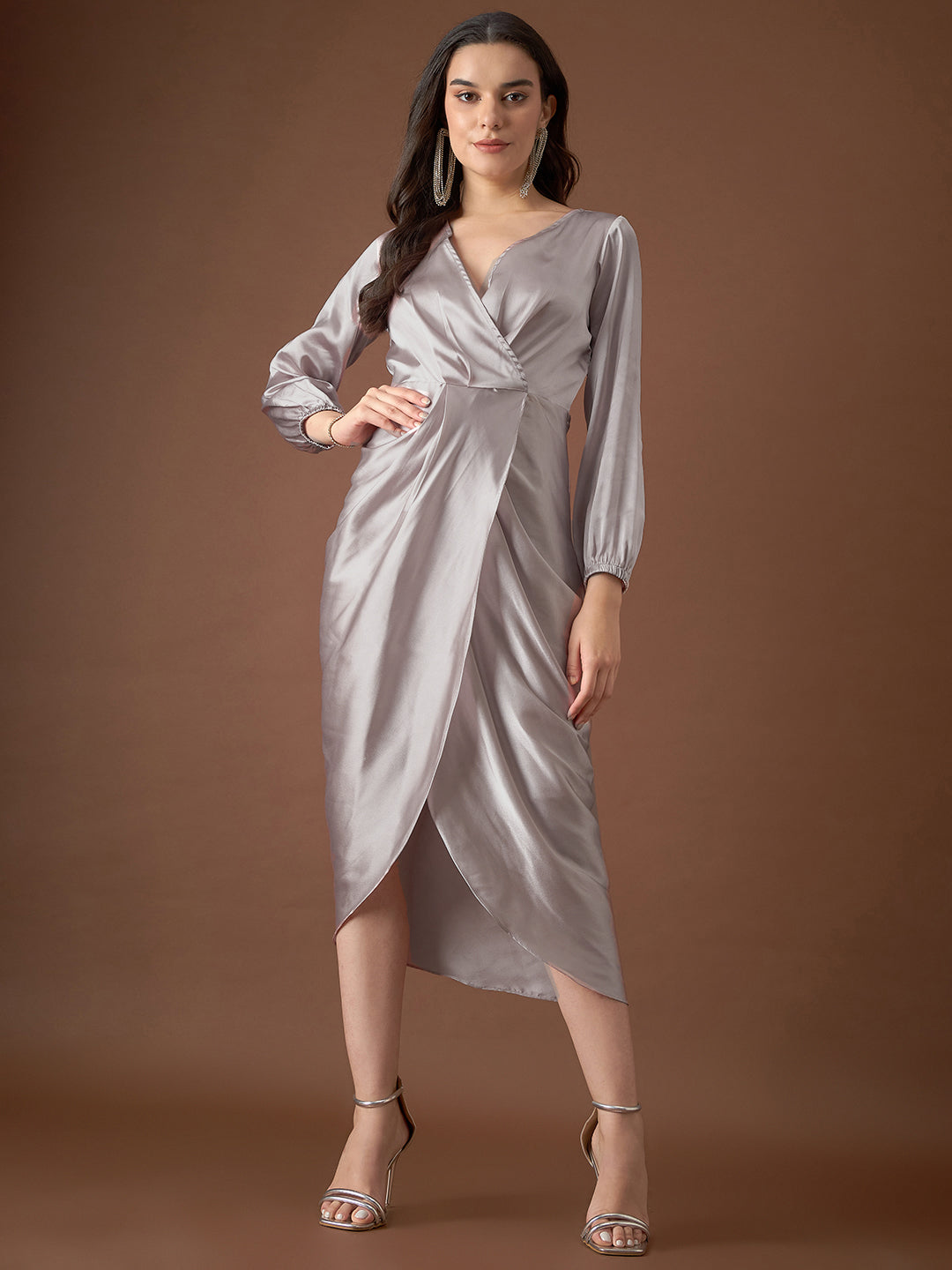 Overlap neck Tulip midi Dress in Silver Color