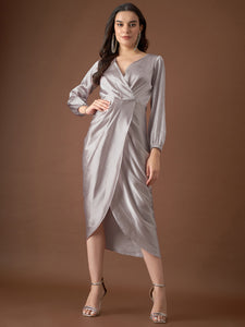 Overlap neck Tulip midi Dress in Silver Color