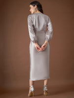 Overlap neck Tulip midi Dress in Silver Color