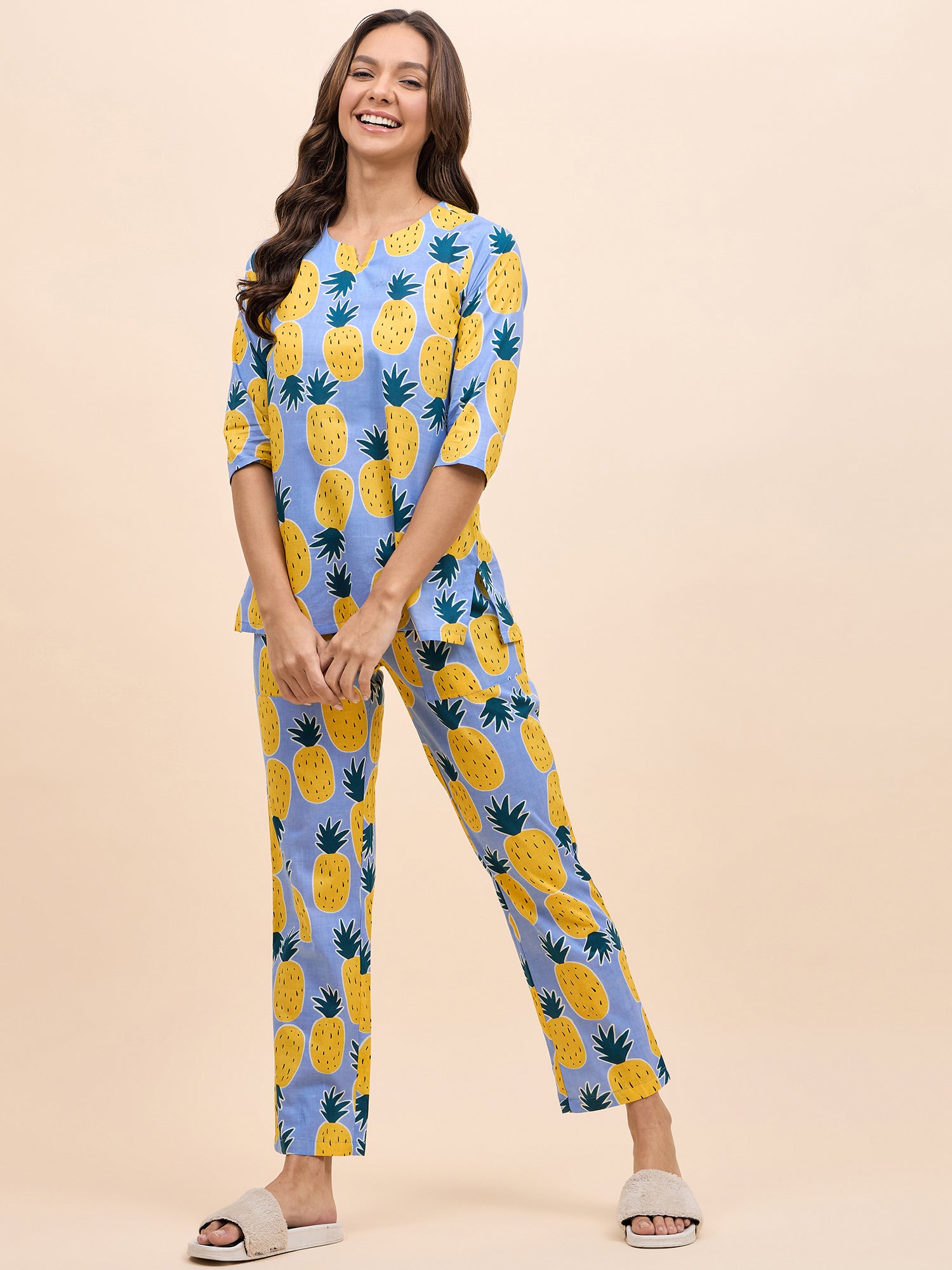Kurta Pyjama Set in Blue and Yellow Pineapple Print