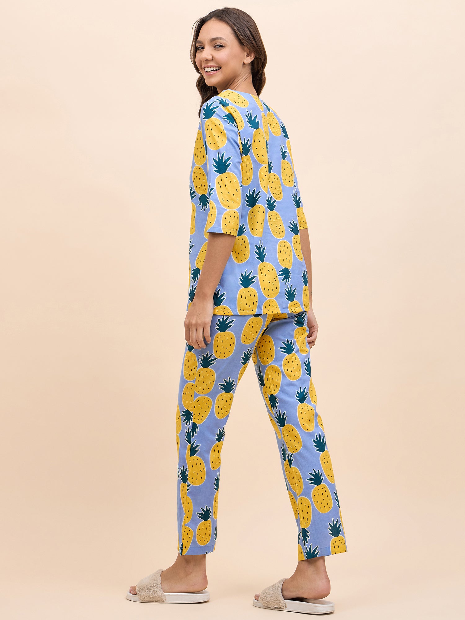 Kurta Pyjama Set in Blue and Yellow Pineapple Print