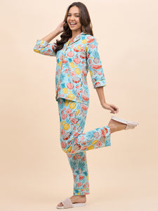 Shirt Pyjama Set in Blue and Pink Watermelon Print