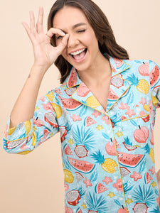 Shirt Pyjama Set in Blue and Pink Watermelon Print