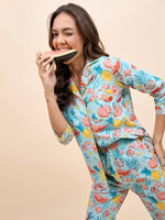 Shirt Pyjama Set in Blue and Pink Watermelon Print