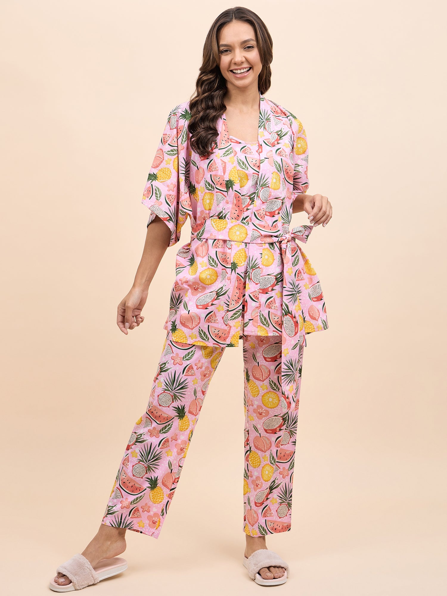 Kurta Pyjama with Kaftan Overlay Set in Pink Watermelon Print