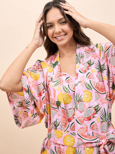 Kurta Pyjama with Kaftan Overlay Set in Pink Watermelon Print