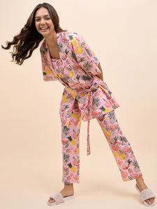 Kurta Pyjama with Kaftan Overlay Set in Pink Watermelon Print