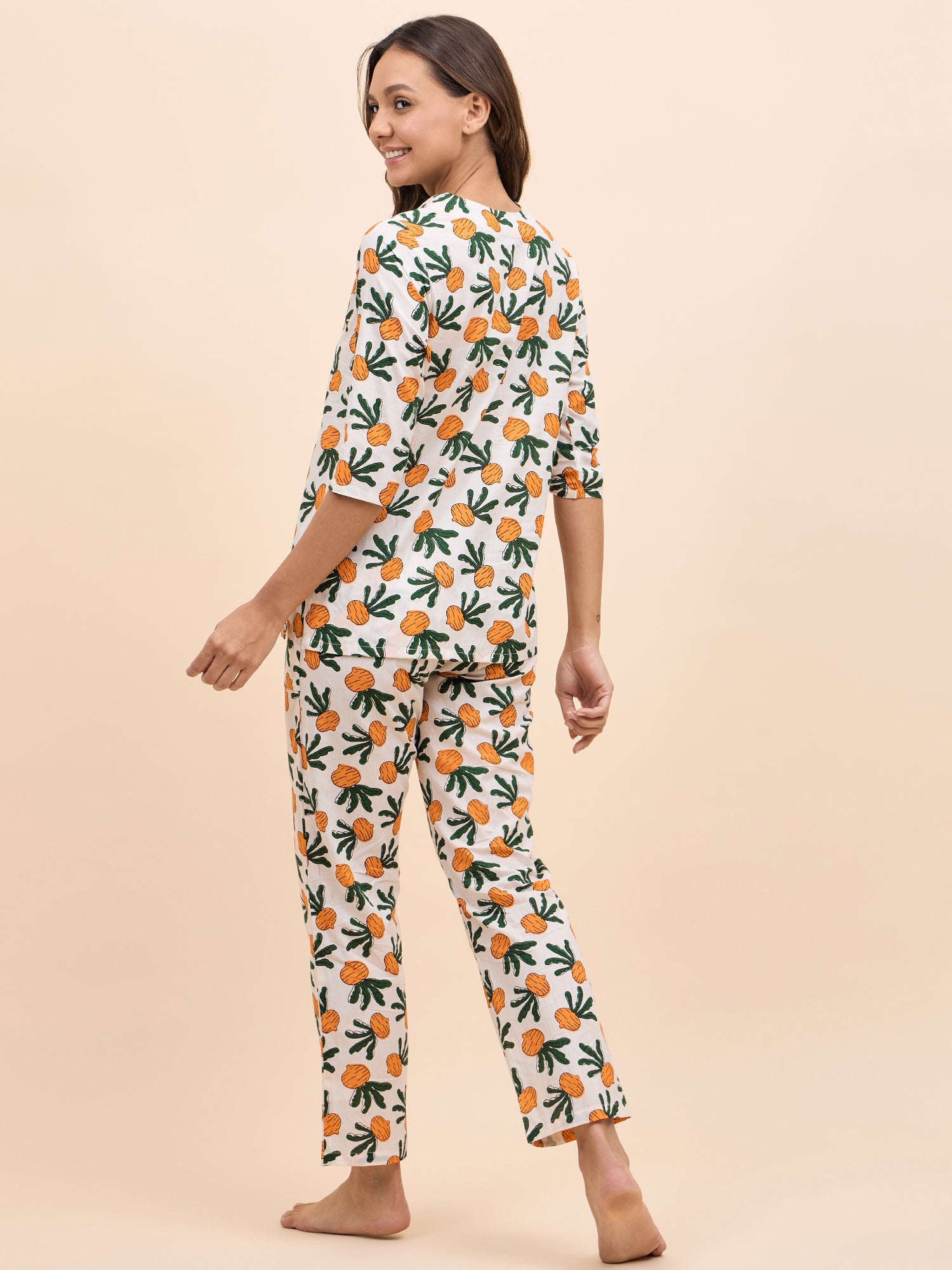 Kurta Pyjama Set in Orange Color Fruit Print