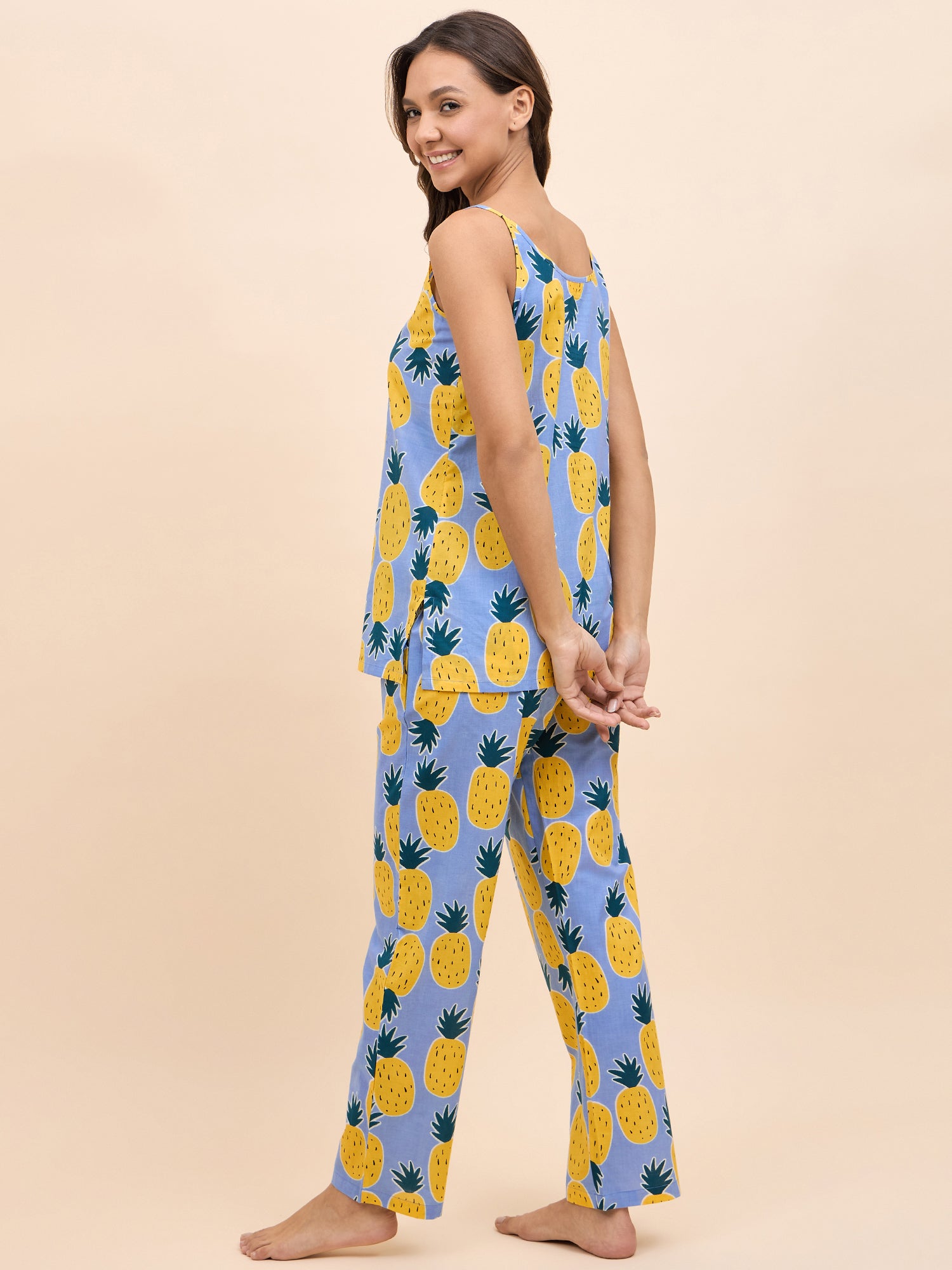 Kurta Pyjama with Kaftan Overlay Set in Blue and Yellow Pineapple Print