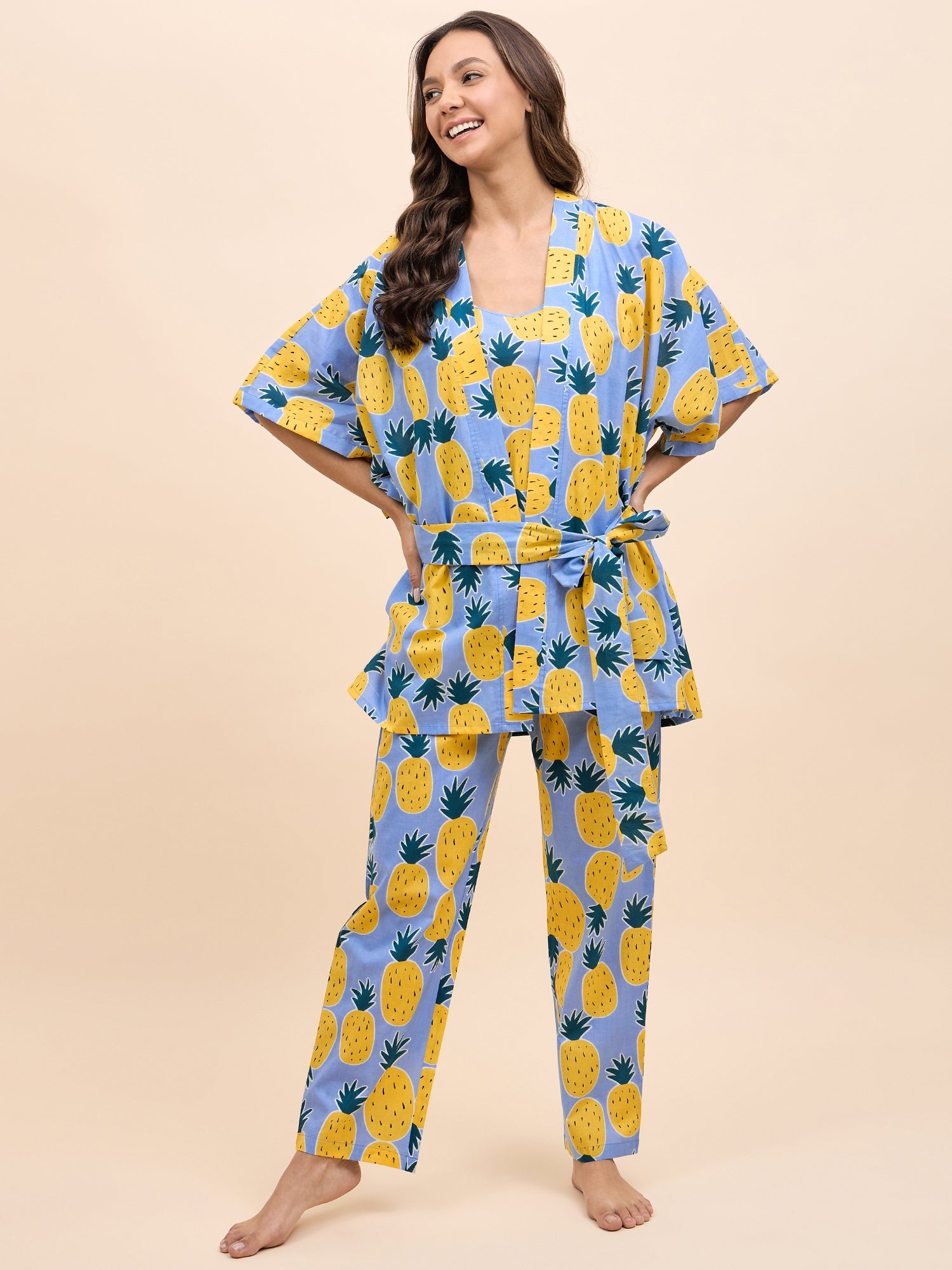 Kurta Pyjama with Kaftan Overlay Set in Blue and Yellow Pineapple Print