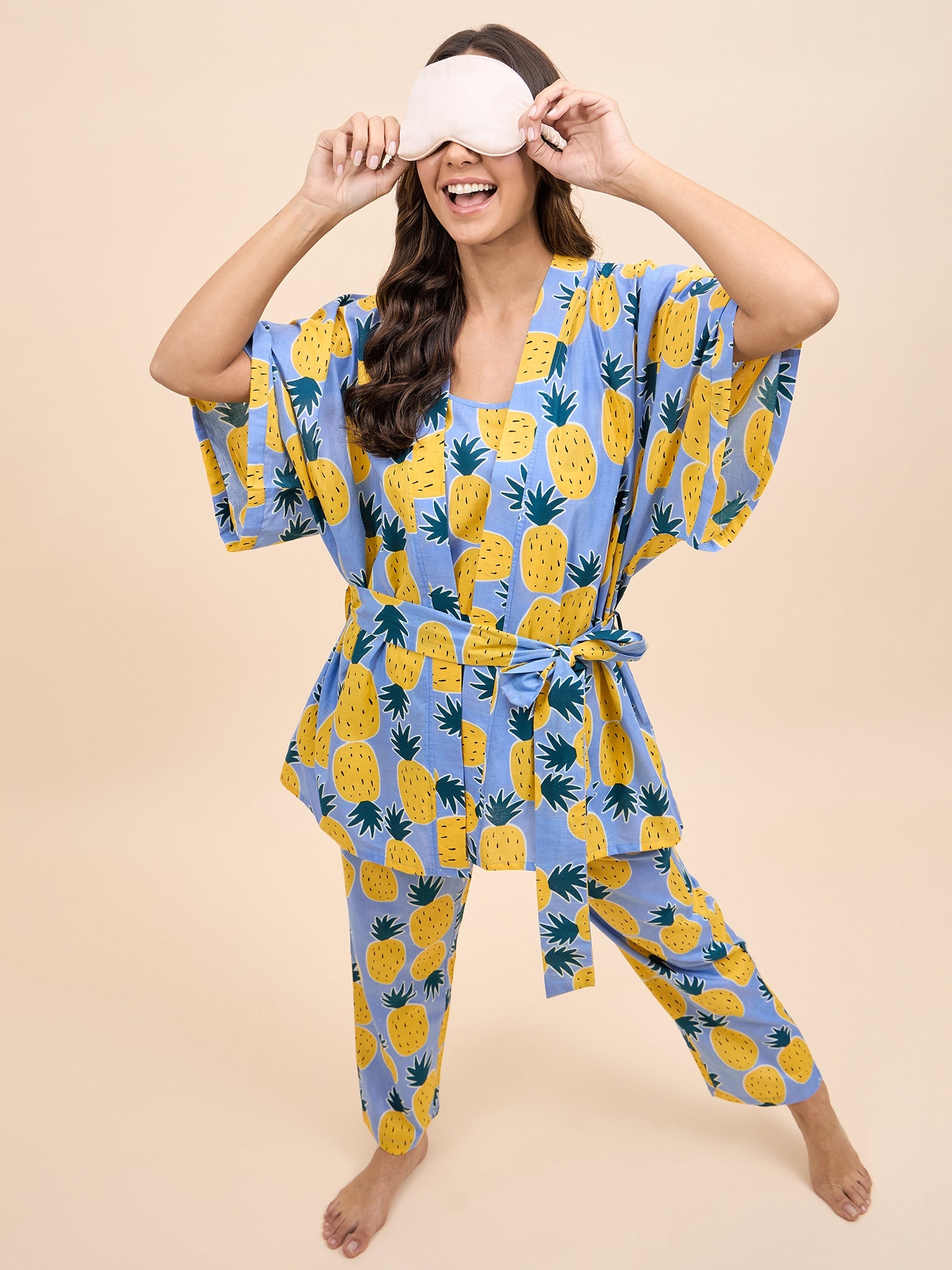 Kurta Pyjama with Kaftan Overlay Set in Blue and Yellow Pineapple Print