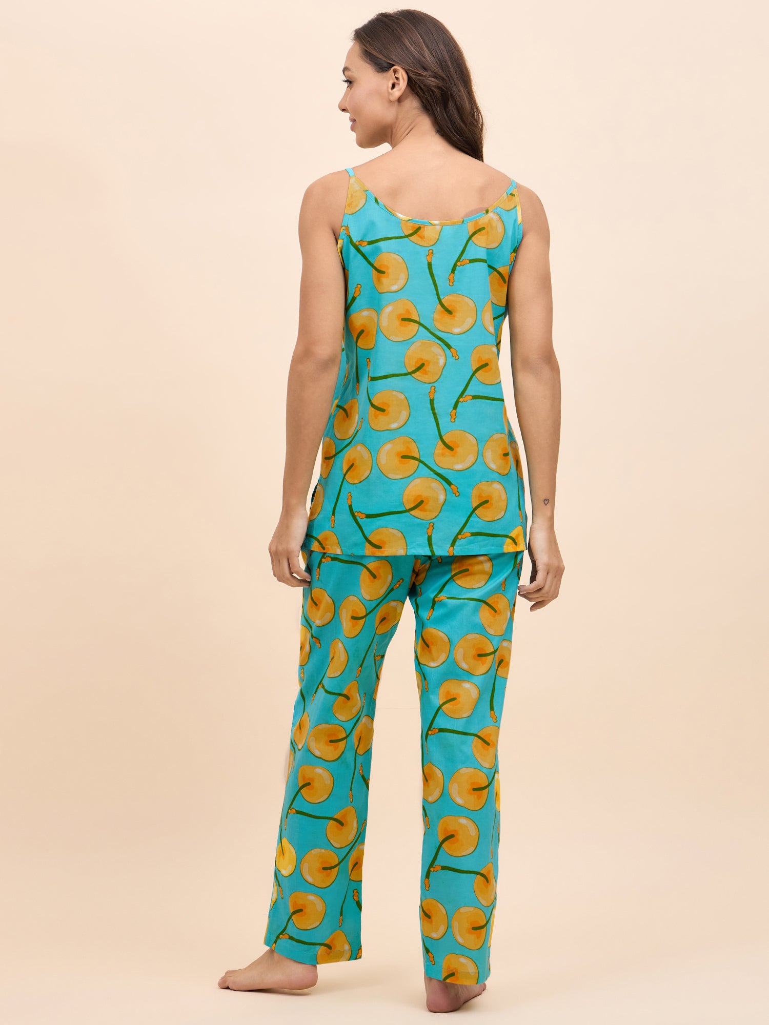 Kurta Pyjama with Kaftan Overlay Set in Yellow Fruit Print