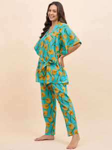Kurta Pyjama with Kaftan Overlay Set in Yellow Fruit Print