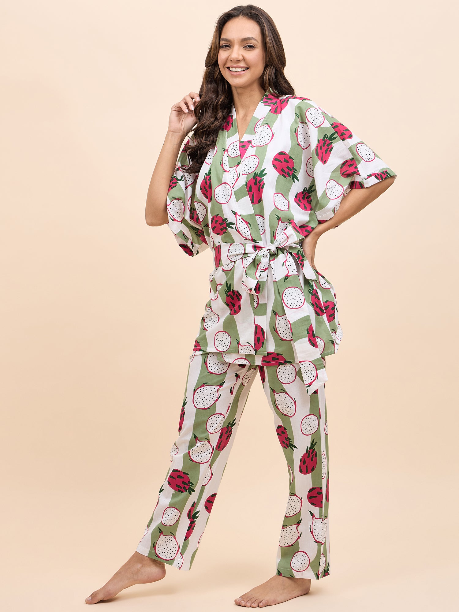 Kurta Pyjama with Kaftan Overlay Set in Green and Pink DragonFruit Print